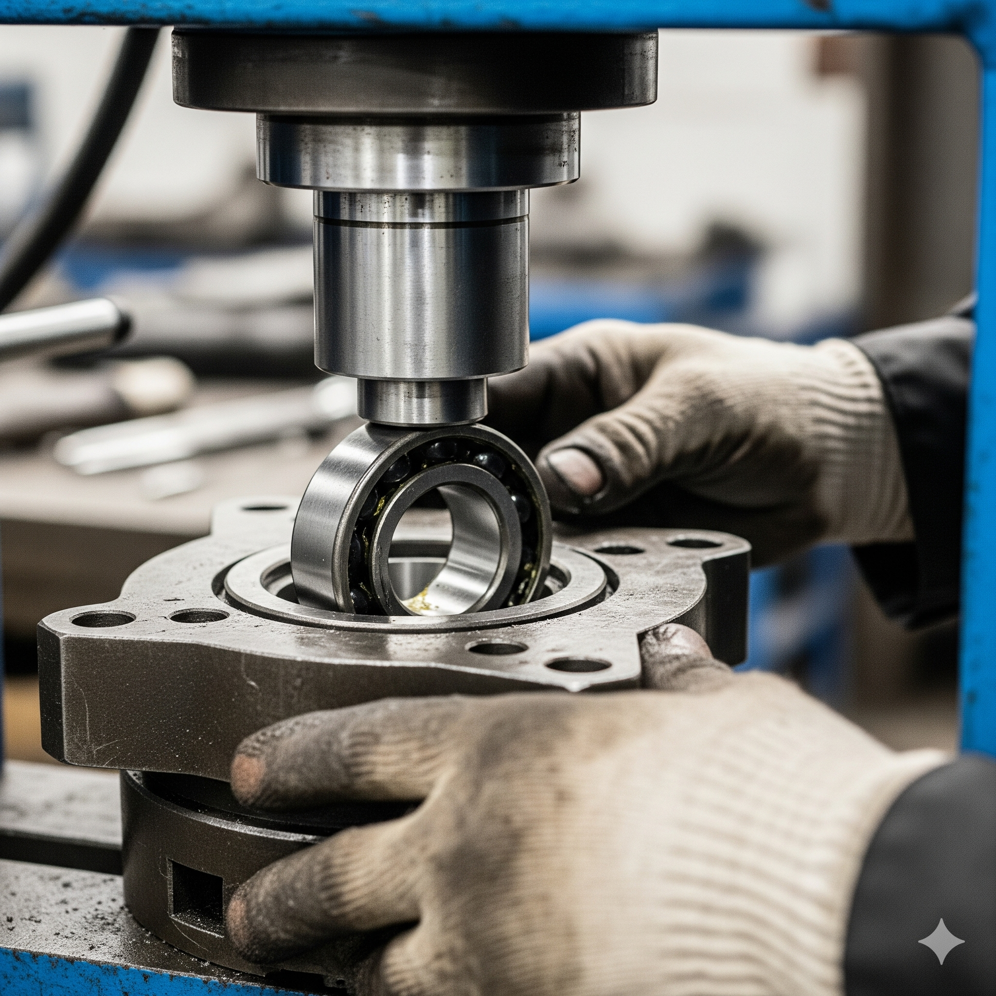 Bearing pressing process being performed by a technician.