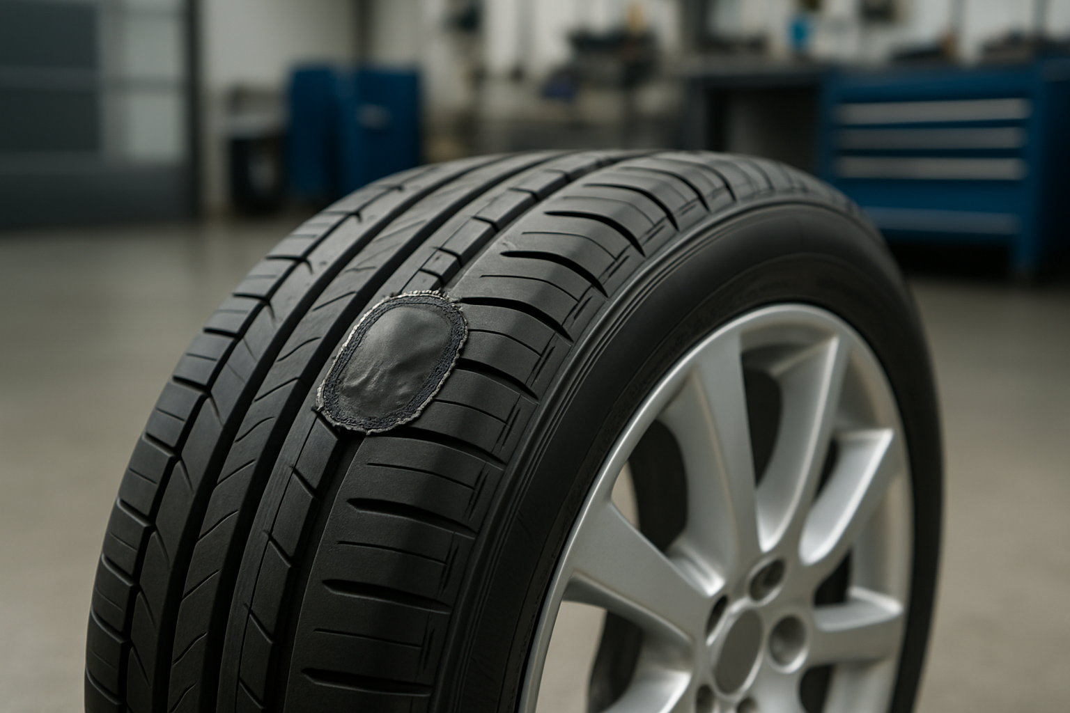 Tyre patching process being performed by a technician.