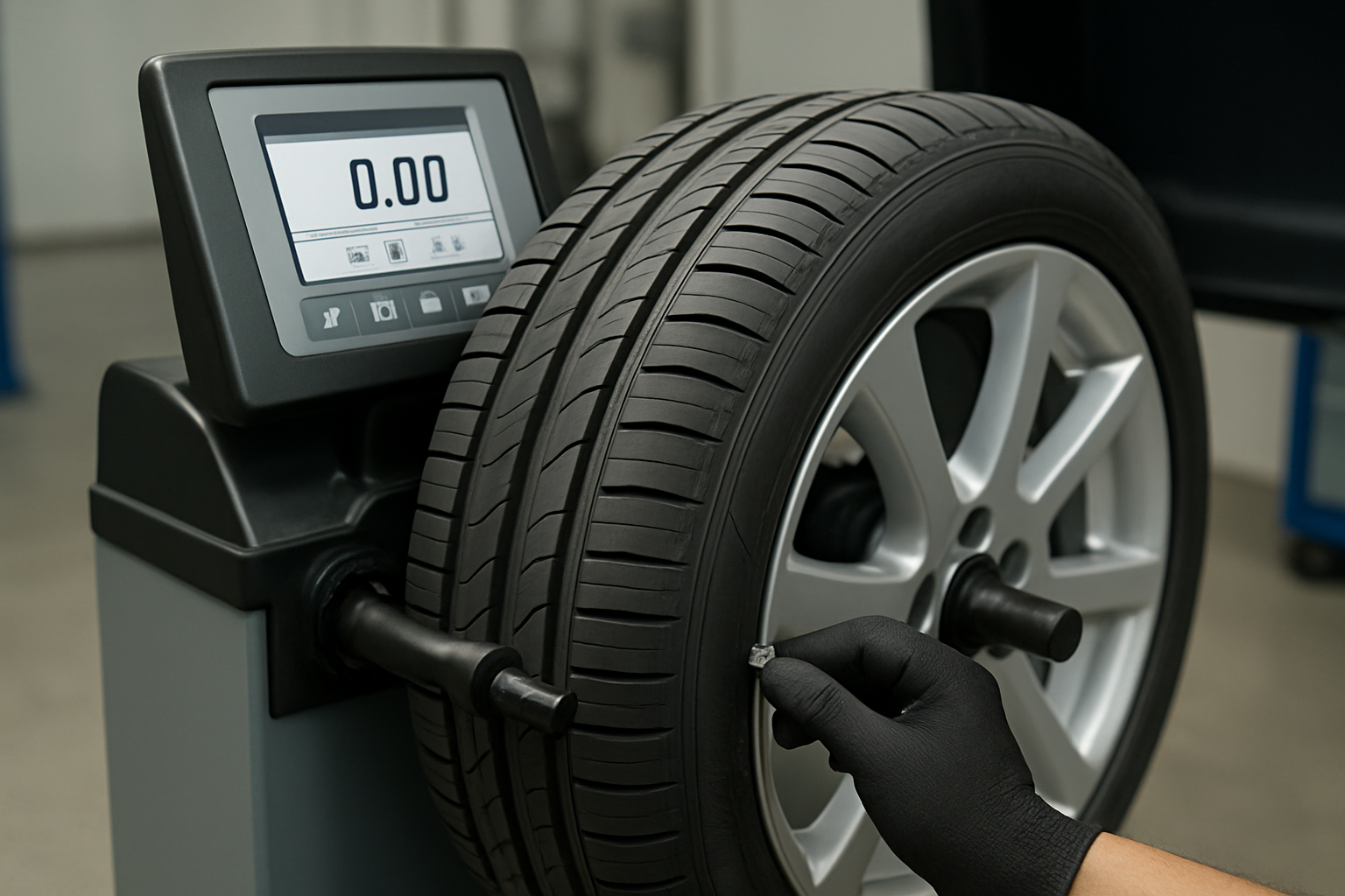 Wheel balancing being done with professional equipment.